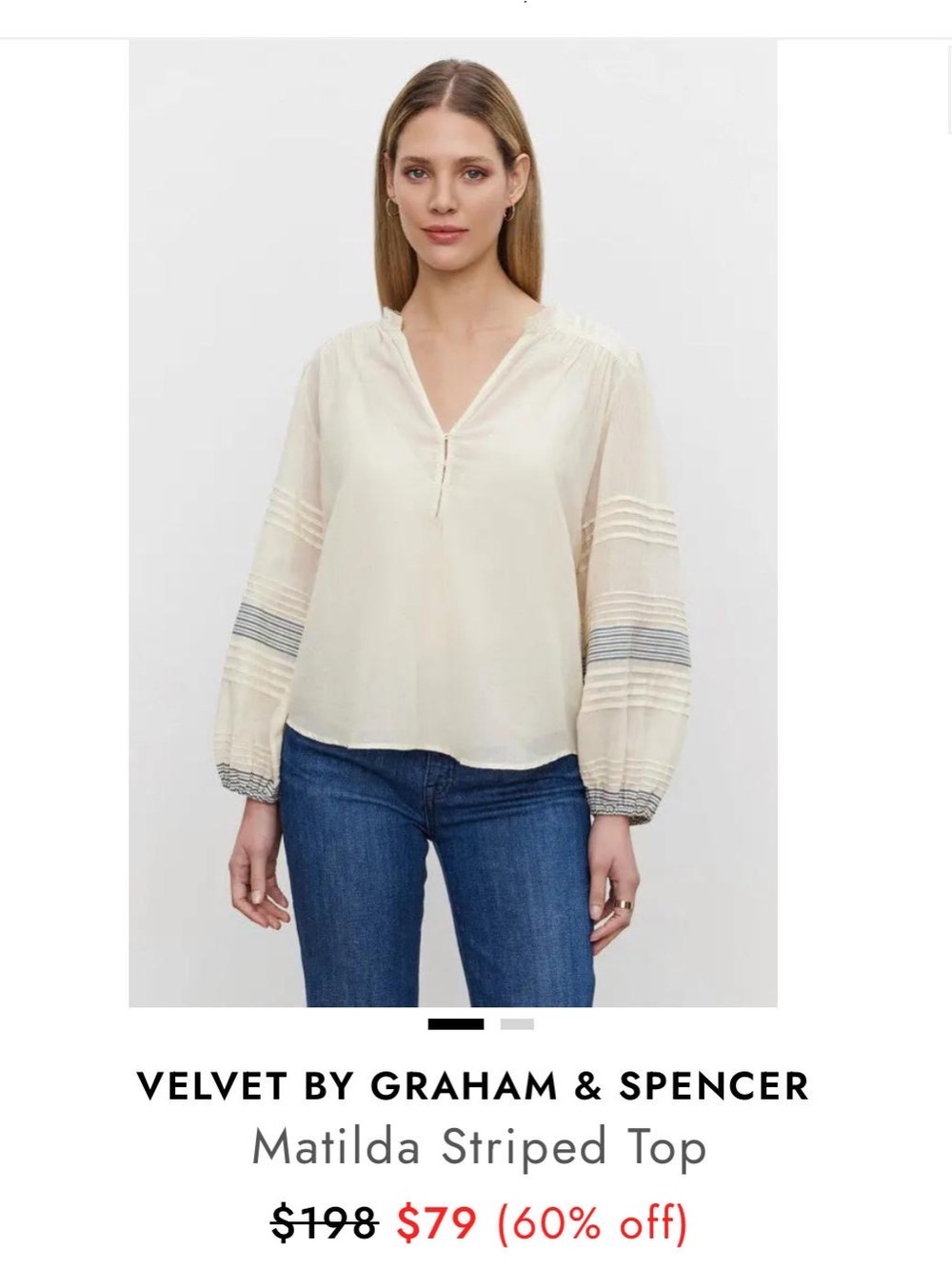 Velvet by Graham & Spencer Cream V-Neck Blouse with Striped Sleeves